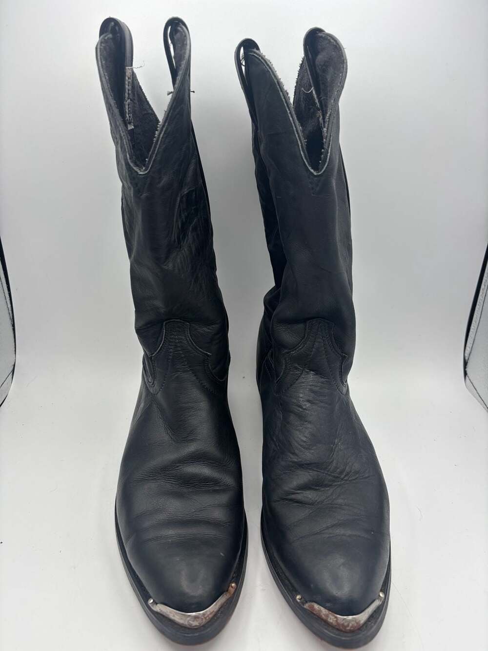 Code West Black Leather Cowboy Boots Western Pointed Toe Pull-On with Toe Tips